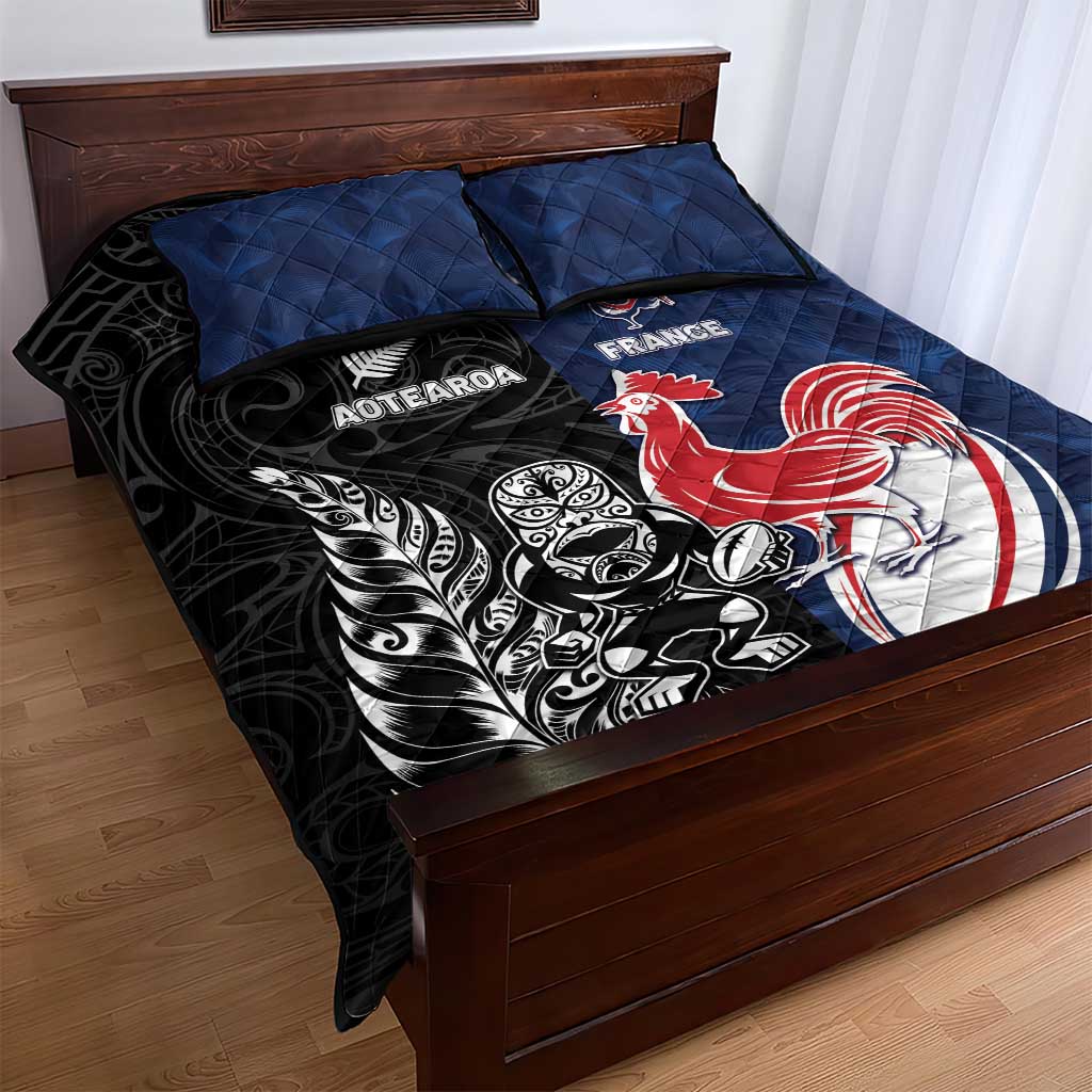 France And New Zealand Rugby Quilt Bed Set Les Bleus Rooster With Maori Tiki - Wonder Print Shop