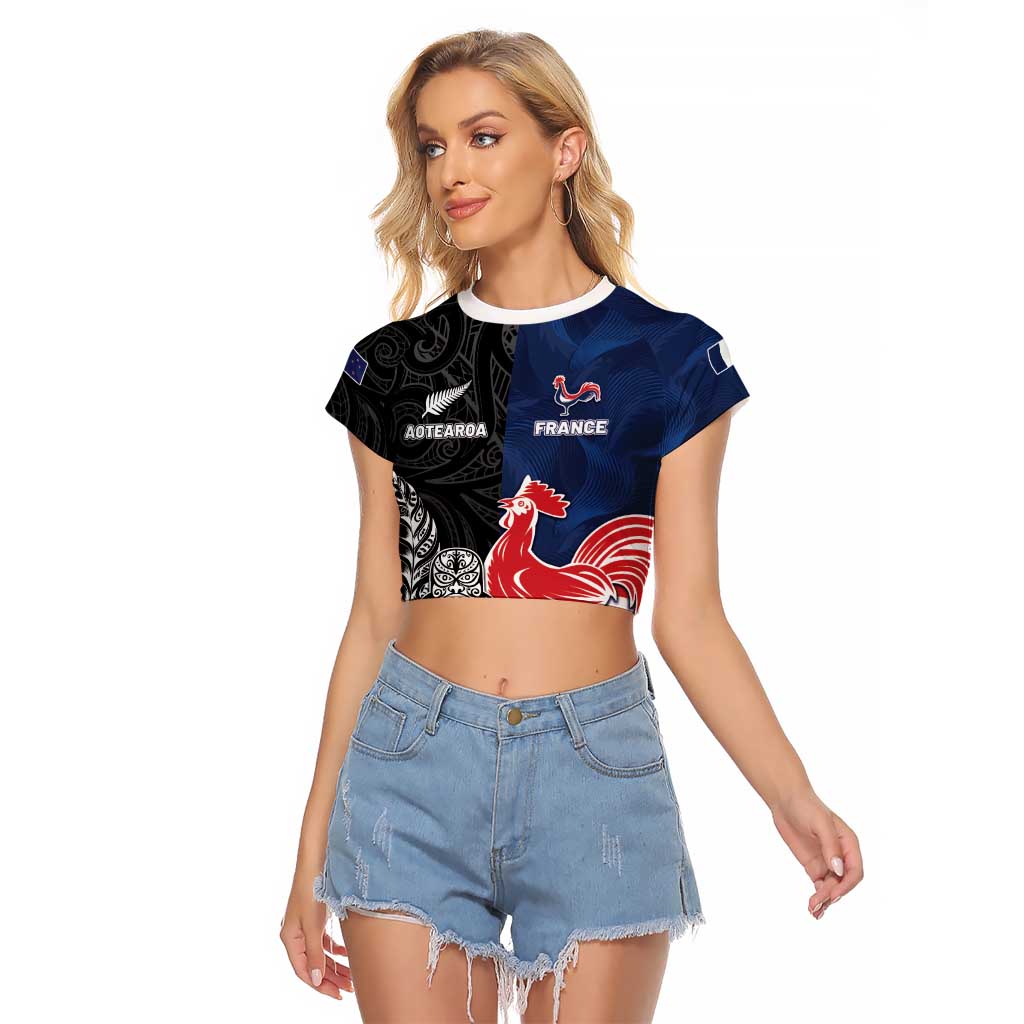 France And New Zealand Rugby Custom Raglan Cropped T Shirt Les Bleus Rooster With Maori Tiki - Wonder Print Shop