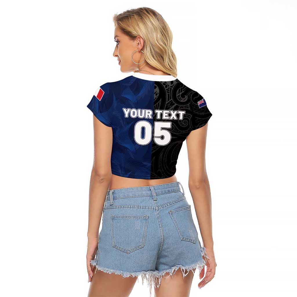 France And New Zealand Rugby Custom Raglan Cropped T Shirt Les Bleus Rooster With Maori Tiki - Wonder Print Shop