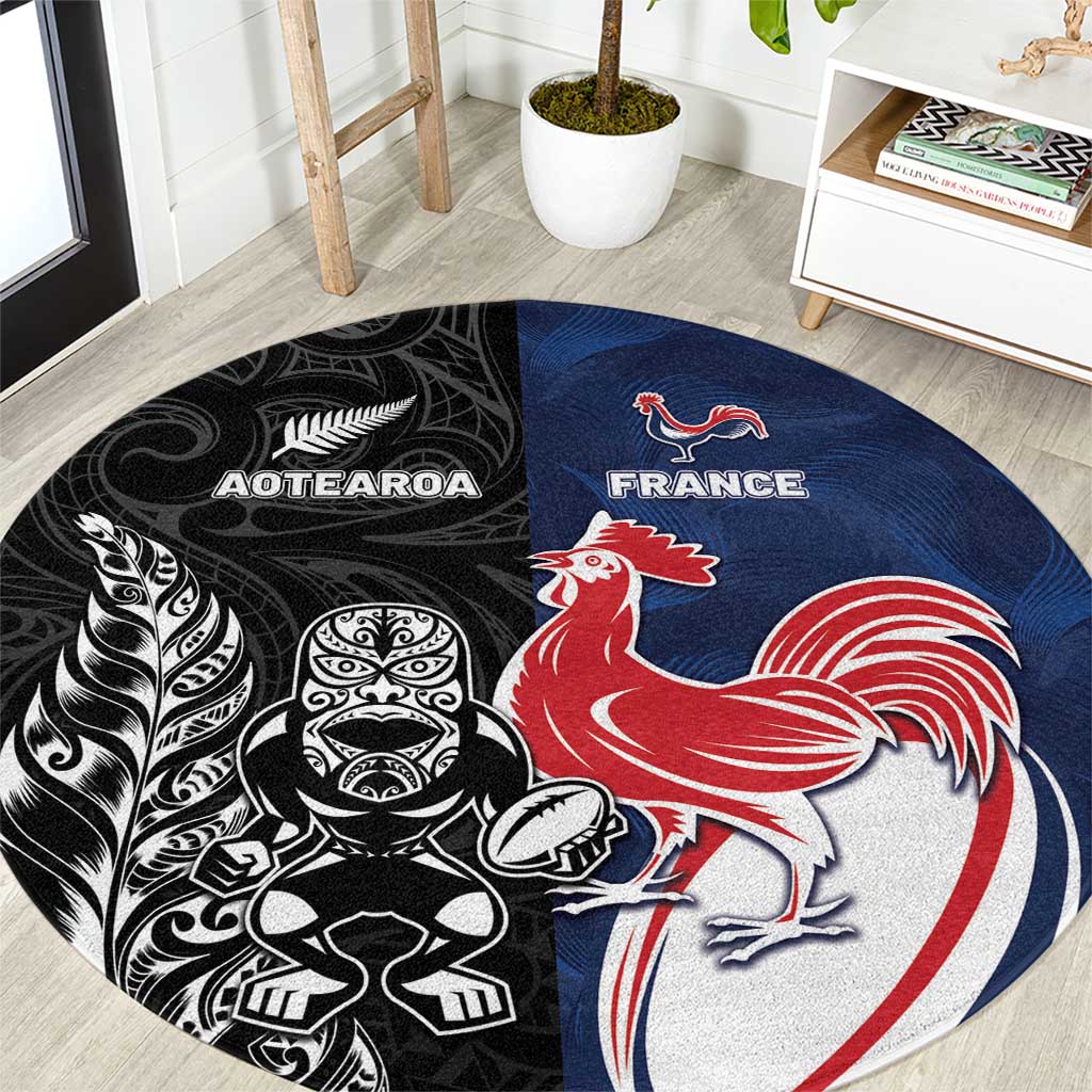 France And New Zealand Rugby Round Carpet Les Bleus Rooster With Maori Tiki - Wonder Print Shop