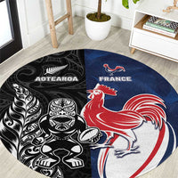 France And New Zealand Rugby Round Carpet Les Bleus Rooster With Maori Tiki - Wonder Print Shop