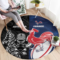 France And New Zealand Rugby Round Carpet Les Bleus Rooster With Maori Tiki - Wonder Print Shop