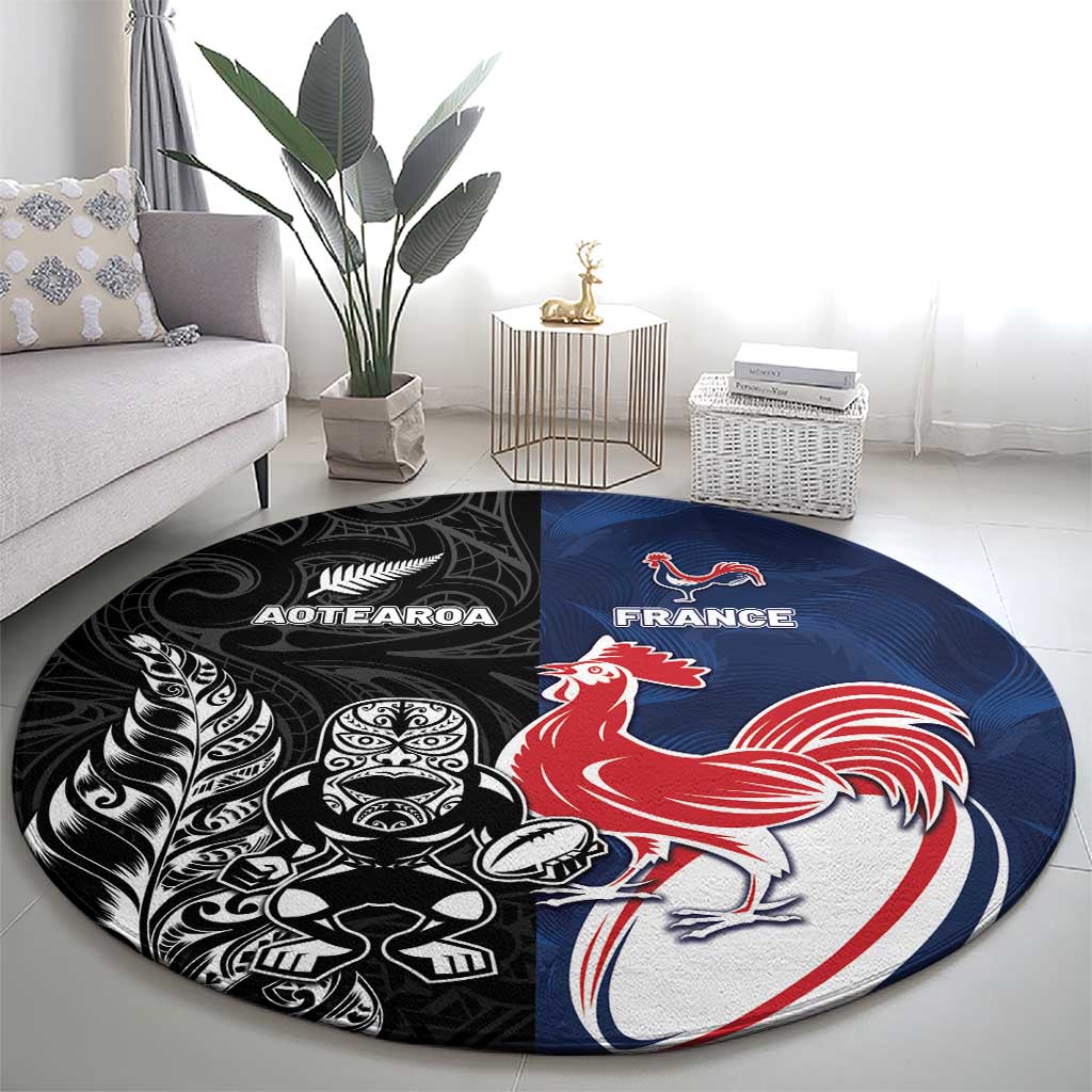 France And New Zealand Rugby Round Carpet Les Bleus Rooster With Maori Tiki - Wonder Print Shop