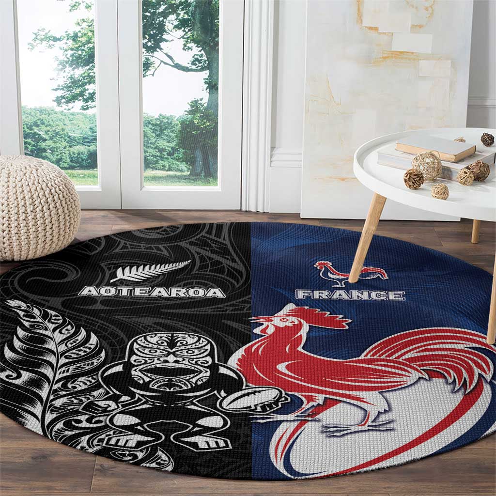 France And New Zealand Rugby Round Carpet Les Bleus Rooster With Maori Tiki - Wonder Print Shop