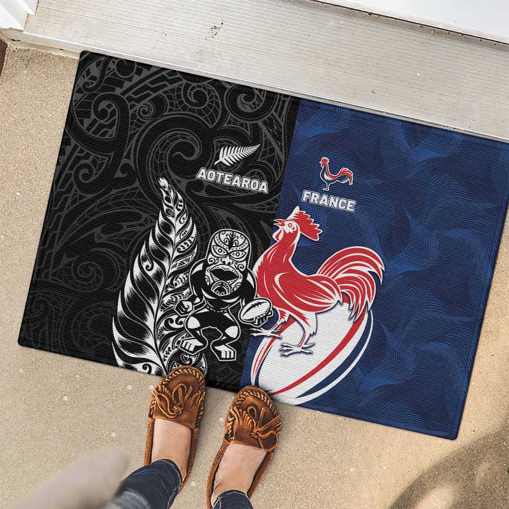 France And New Zealand Rugby Rubber Doormat Les Bleus Rooster With Maori Tiki - Wonder Print Shop