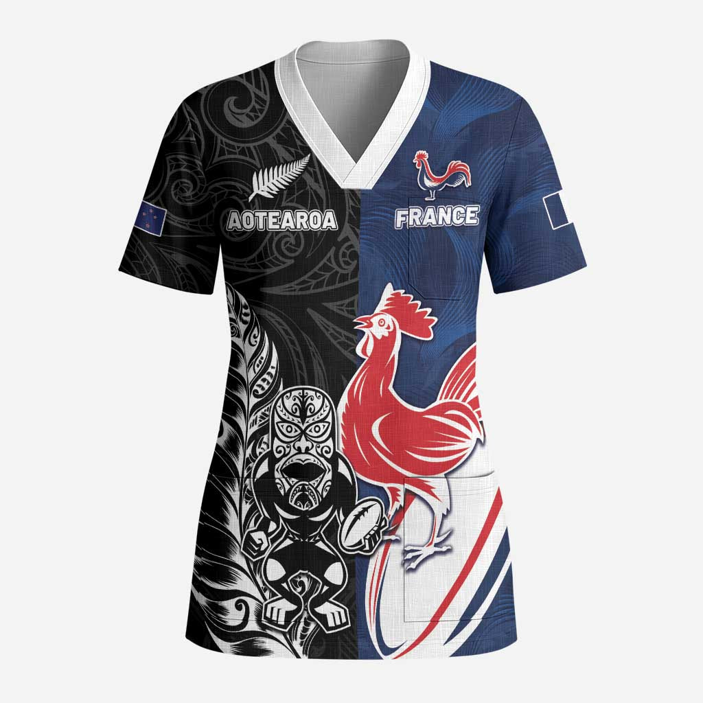 France And New Zealand Rugby Custom Scrub Top Les Bleus Rooster With Maori Tiki - Wonder Print Shop