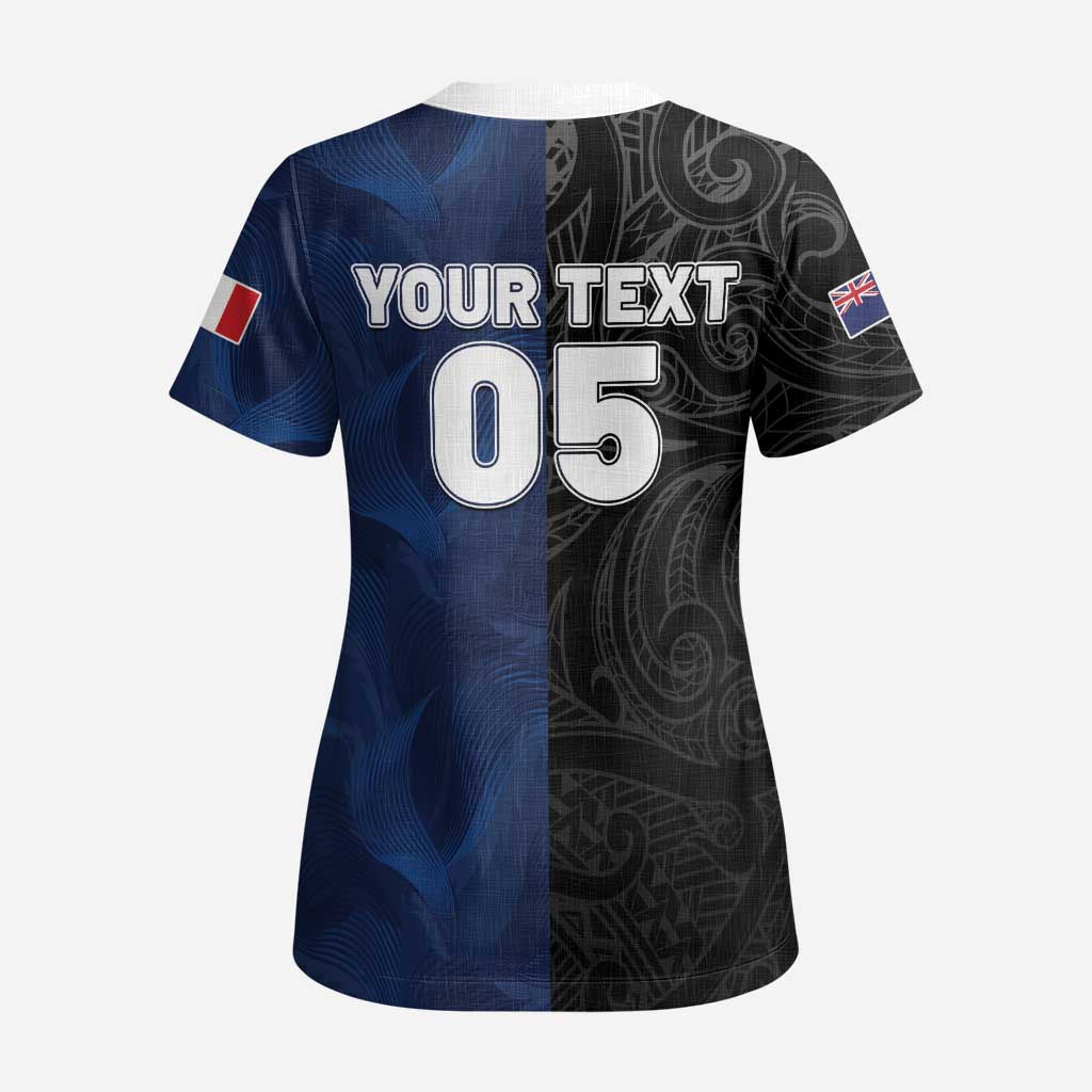 France And New Zealand Rugby Custom Scrub Top Les Bleus Rooster With Maori Tiki - Wonder Print Shop
