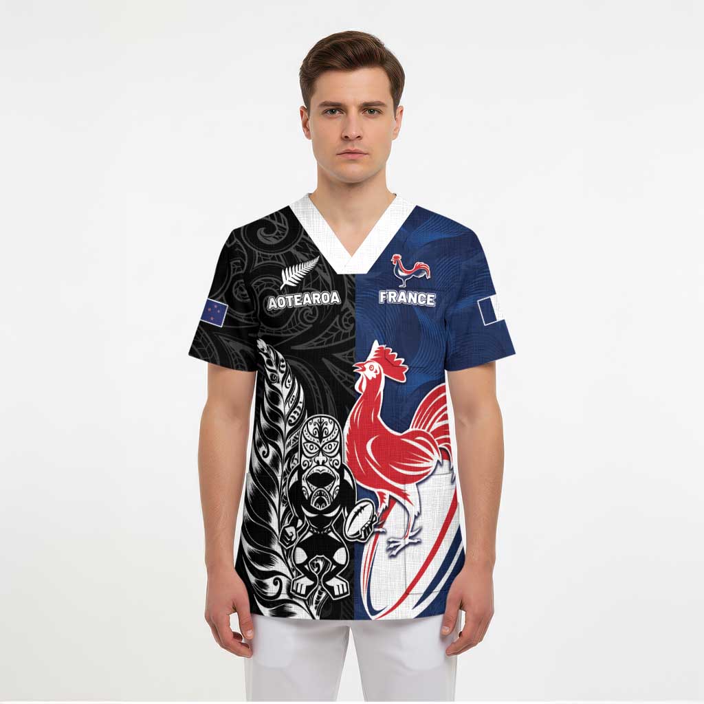 France And New Zealand Rugby Custom Scrub Top Les Bleus Rooster With Maori Tiki - Wonder Print Shop