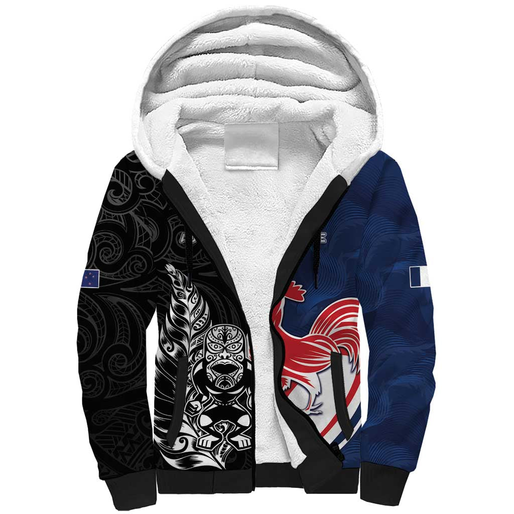 France And New Zealand Rugby Custom Sherpa Hoodie Les Bleus Rooster With Maori Tiki - Wonder Print Shop
