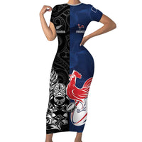 France And New Zealand Rugby Custom Short Sleeve Bodycon Dress Les Bleus Rooster With Maori Tiki - Wonder Print Shop