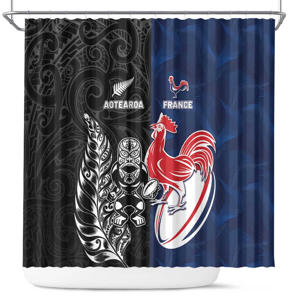 France And New Zealand Rugby Shower Curtain Les Bleus Rooster With Maori Tiki - Wonder Print Shop