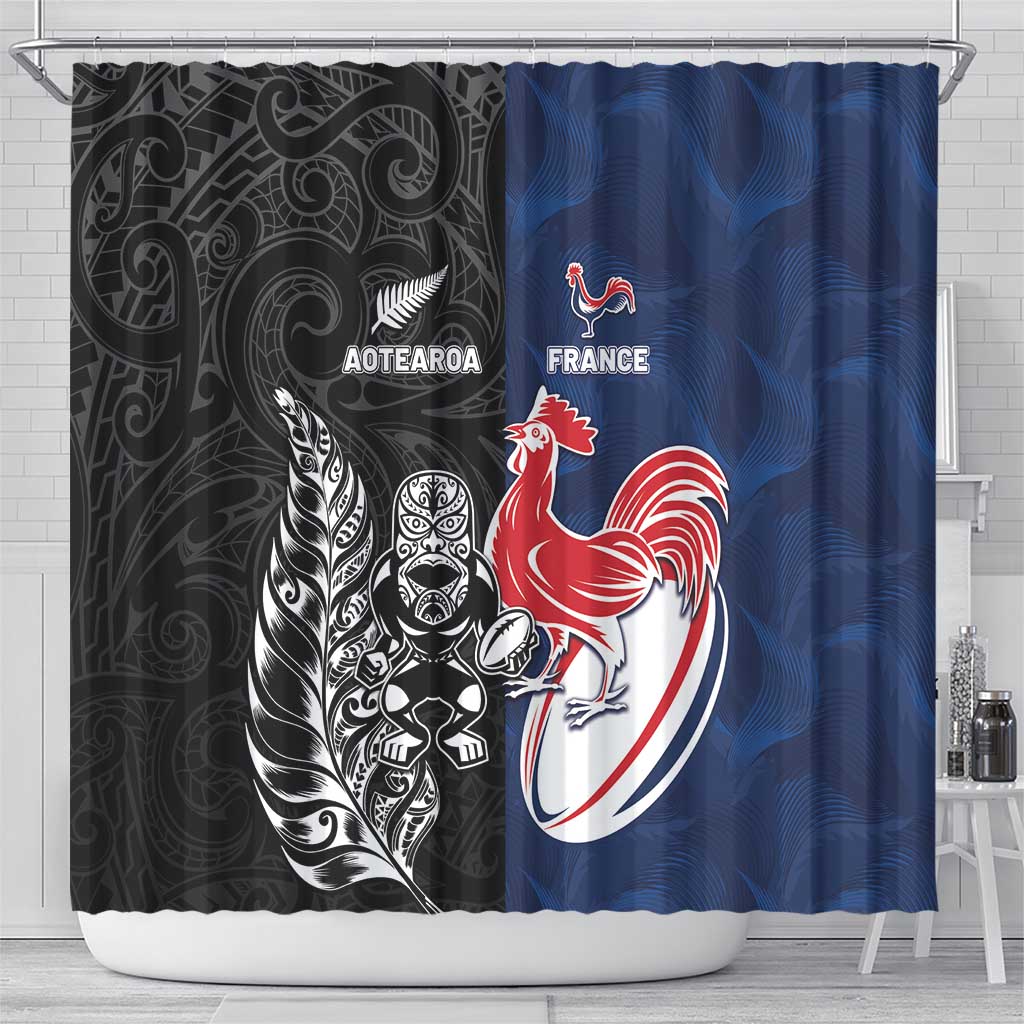 France And New Zealand Rugby Shower Curtain Les Bleus Rooster With Maori Tiki - Wonder Print Shop
