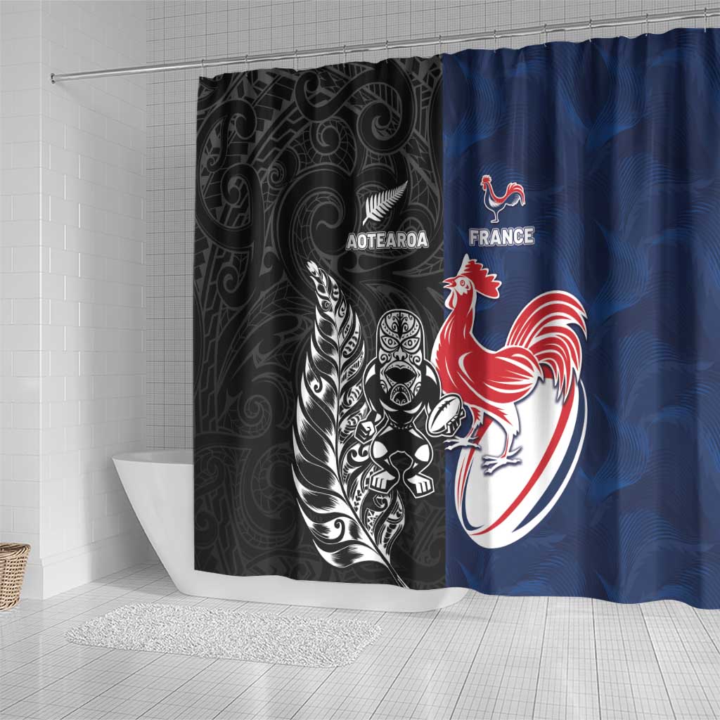 France And New Zealand Rugby Shower Curtain Les Bleus Rooster With Maori Tiki - Wonder Print Shop
