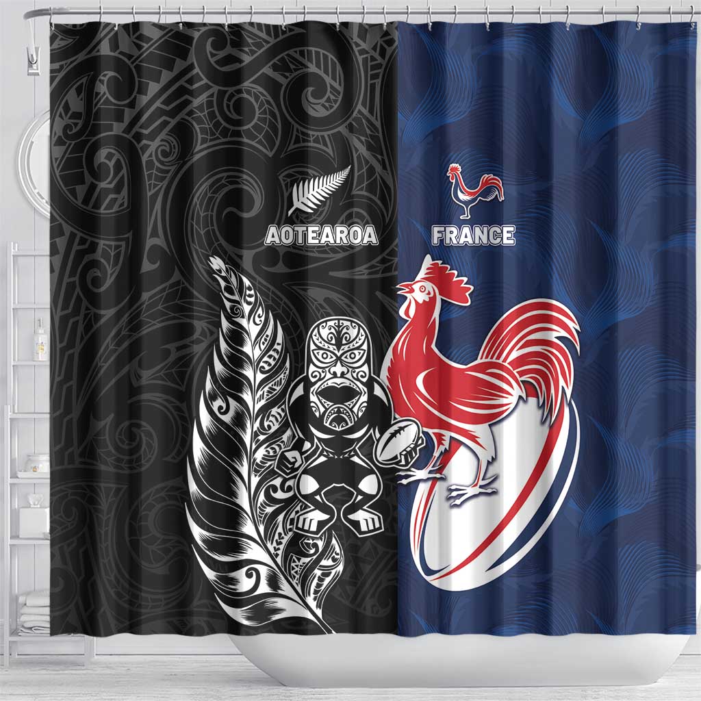 France And New Zealand Rugby Shower Curtain Les Bleus Rooster With Maori Tiki - Wonder Print Shop