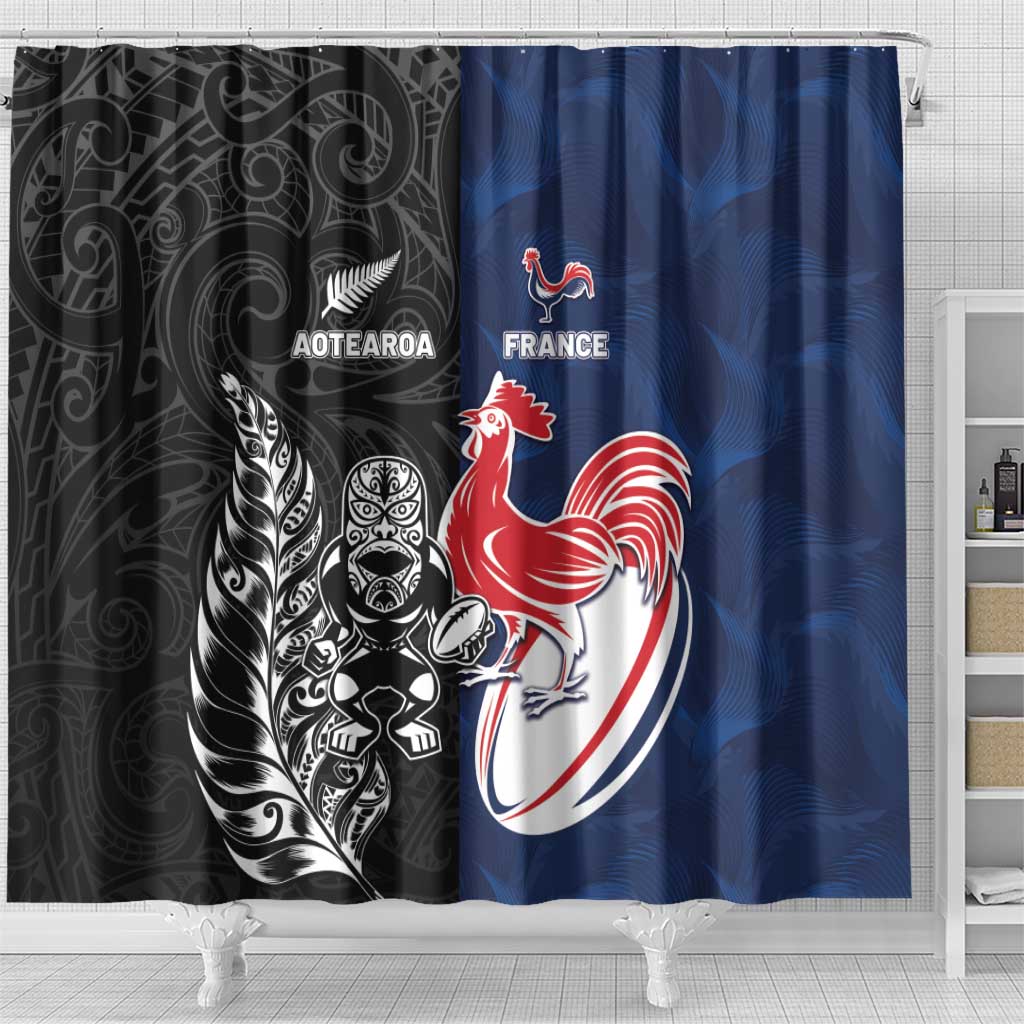 France And New Zealand Rugby Shower Curtain Les Bleus Rooster With Maori Tiki - Wonder Print Shop
