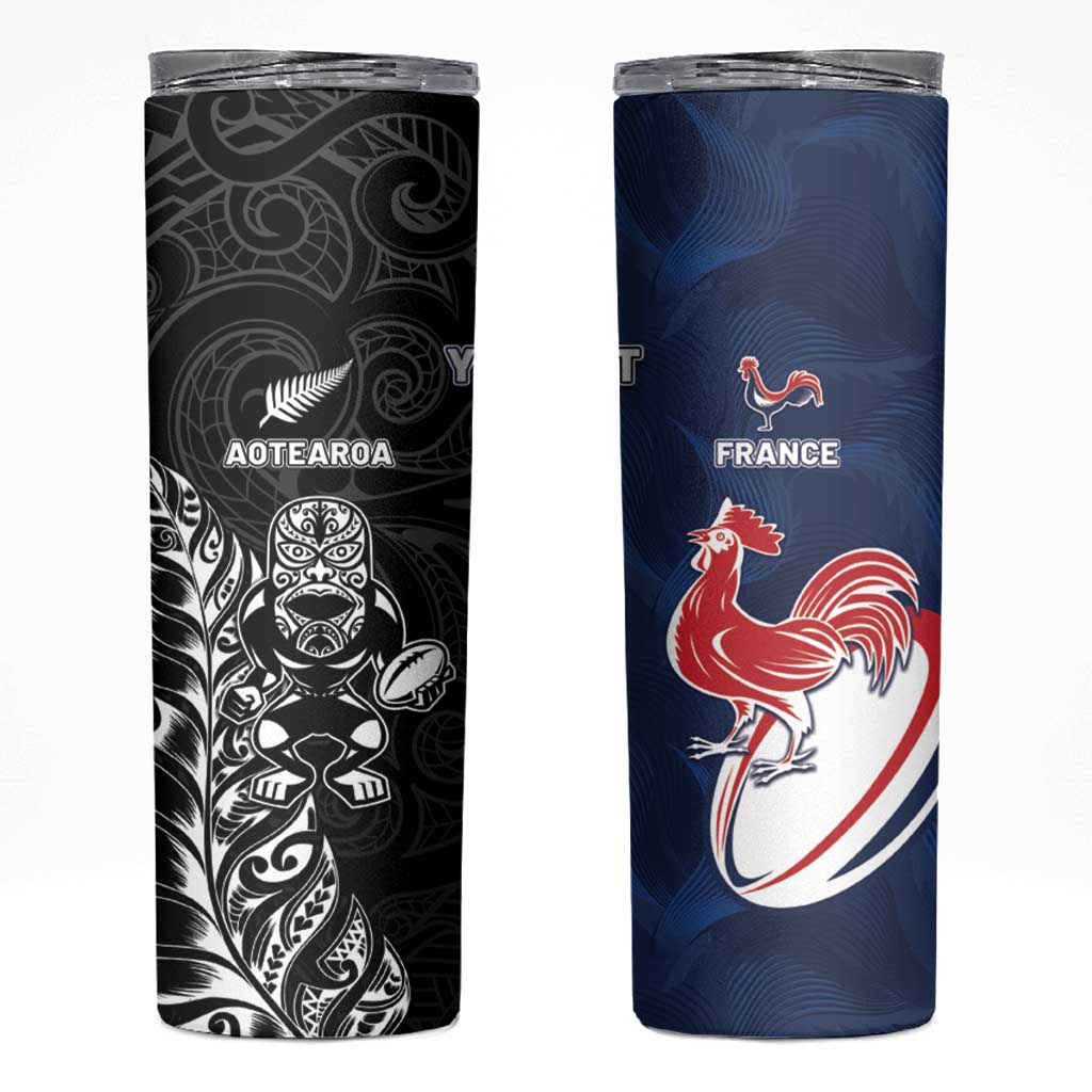 France And New Zealand Rugby Custom Skinny Tumbler Les Bleus Rooster With Maori Tiki - Wonder Print Shop