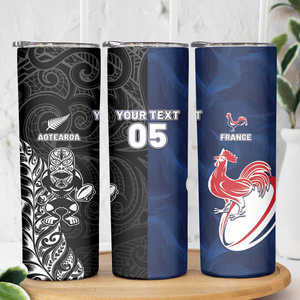 France And New Zealand Rugby Custom Skinny Tumbler Les Bleus Rooster With Maori Tiki - Wonder Print Shop