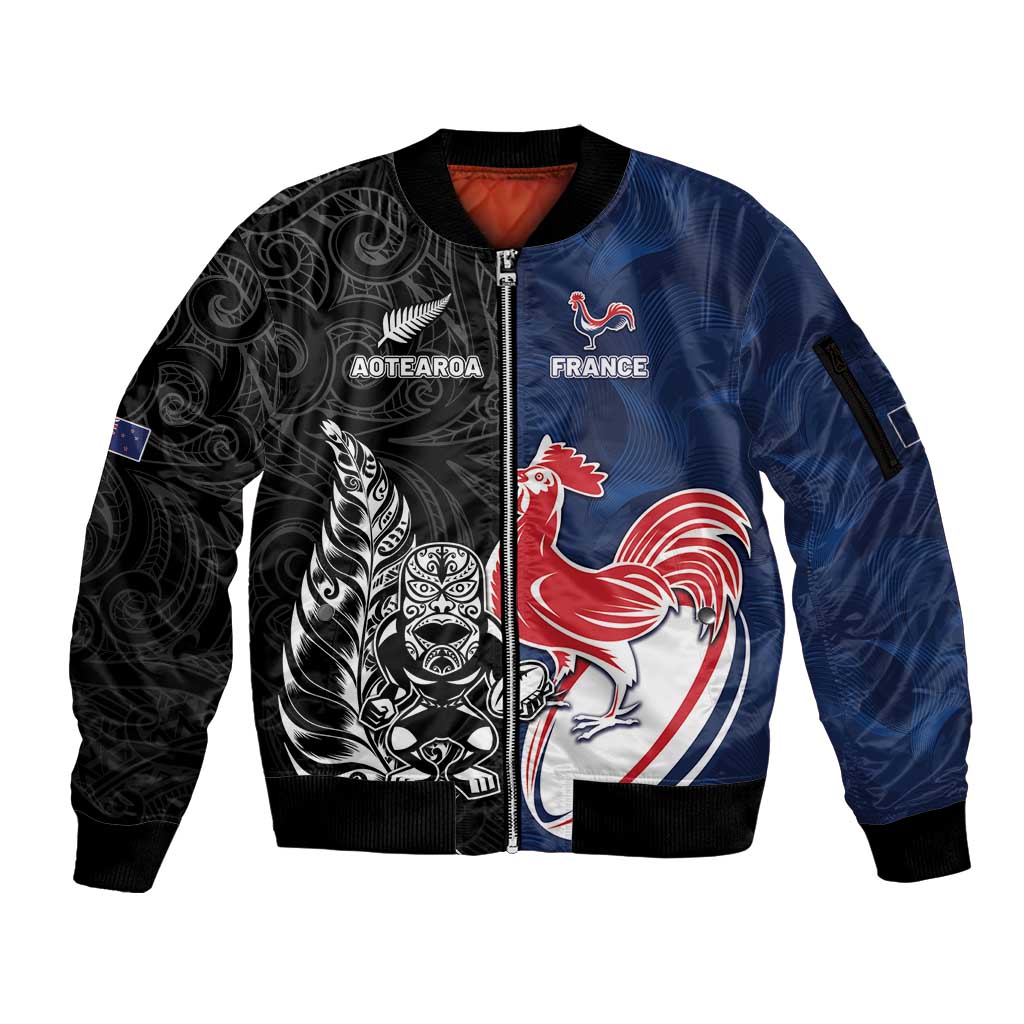 France And New Zealand Rugby Custom Sleeve Zip Bomber Jacket Les Bleus Rooster With Maori Tiki - Wonder Print Shop