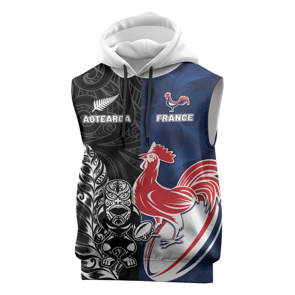 France And New Zealand Rugby Custom Sleeveless Hoodie Les Bleus Rooster With Maori Tiki - Wonder Print Shop