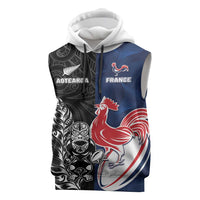 France And New Zealand Rugby Custom Sleeveless Hoodie Les Bleus Rooster With Maori Tiki - Wonder Print Shop