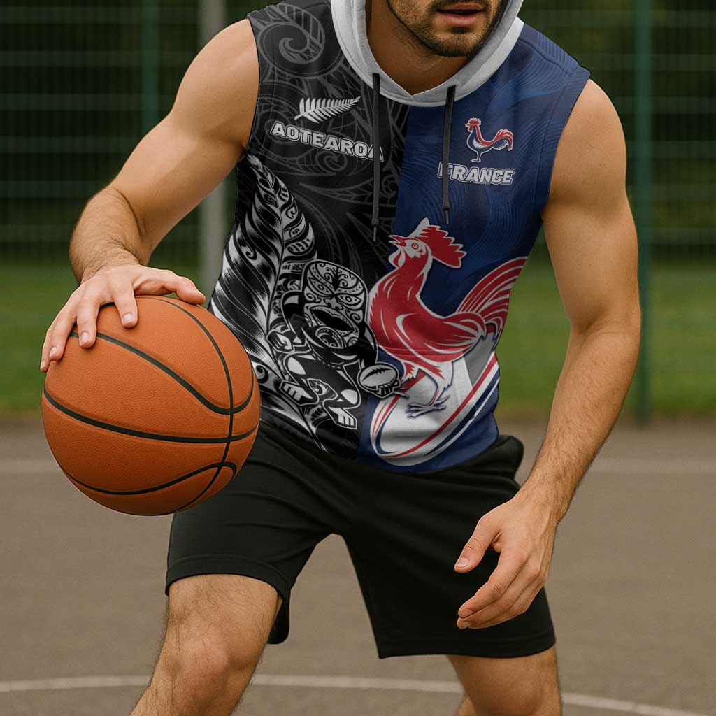 France And New Zealand Rugby Custom Sleeveless Hoodie Les Bleus Rooster With Maori Tiki - Wonder Print Shop