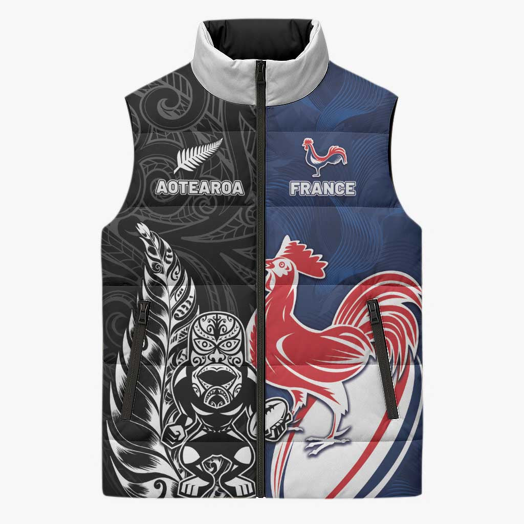 France And New Zealand Rugby Custom Sleeveless Puffer Jacket Les Bleus Rooster With Maori Tiki - Wonder Print Shop