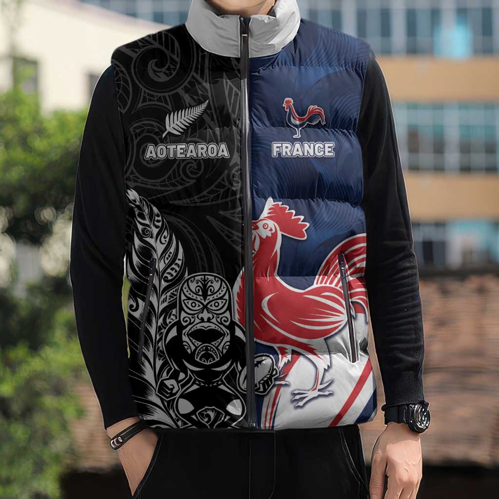 France And New Zealand Rugby Custom Sleeveless Puffer Jacket Les Bleus Rooster With Maori Tiki - Wonder Print Shop