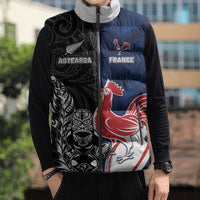 France And New Zealand Rugby Custom Sleeveless Puffer Jacket Les Bleus Rooster With Maori Tiki - Wonder Print Shop