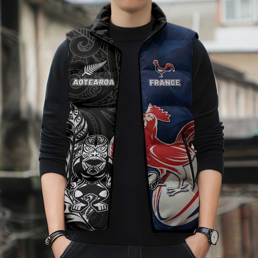 France And New Zealand Rugby Custom Sleeveless Puffer Jacket Les Bleus Rooster With Maori Tiki - Wonder Print Shop