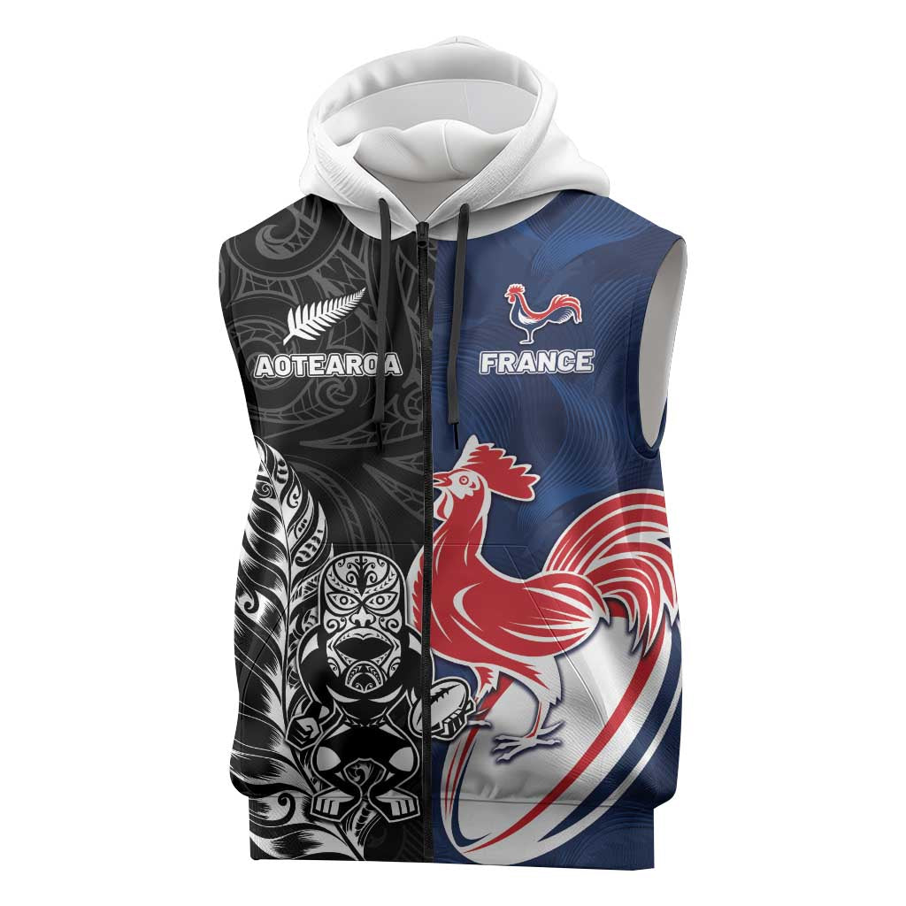 France And New Zealand Rugby Custom Sleeveless Zip Hoodie Les Bleus Rooster With Maori Tiki - Wonder Print Shop