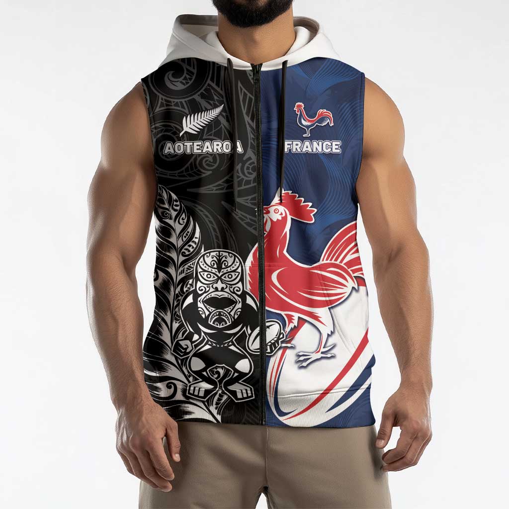 France And New Zealand Rugby Custom Sleeveless Zip Hoodie Les Bleus Rooster With Maori Tiki - Wonder Print Shop