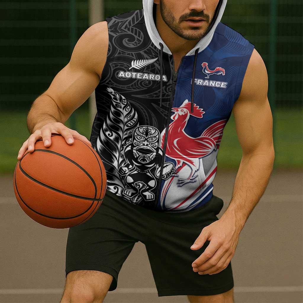 France And New Zealand Rugby Custom Sleeveless Zip Hoodie Les Bleus Rooster With Maori Tiki - Wonder Print Shop