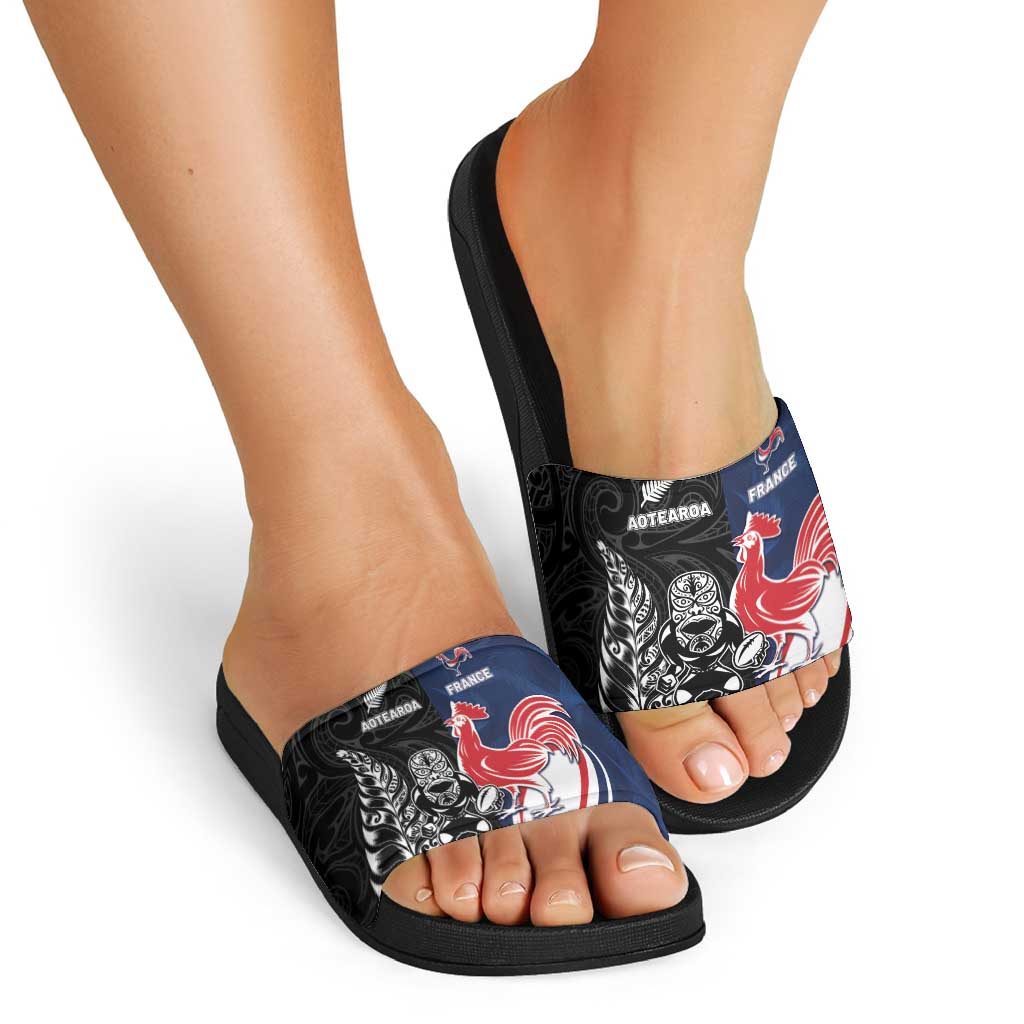 France And New Zealand Rugby Slide Sandals Les Bleus Rooster With Maori Tiki - Wonder Print Shop