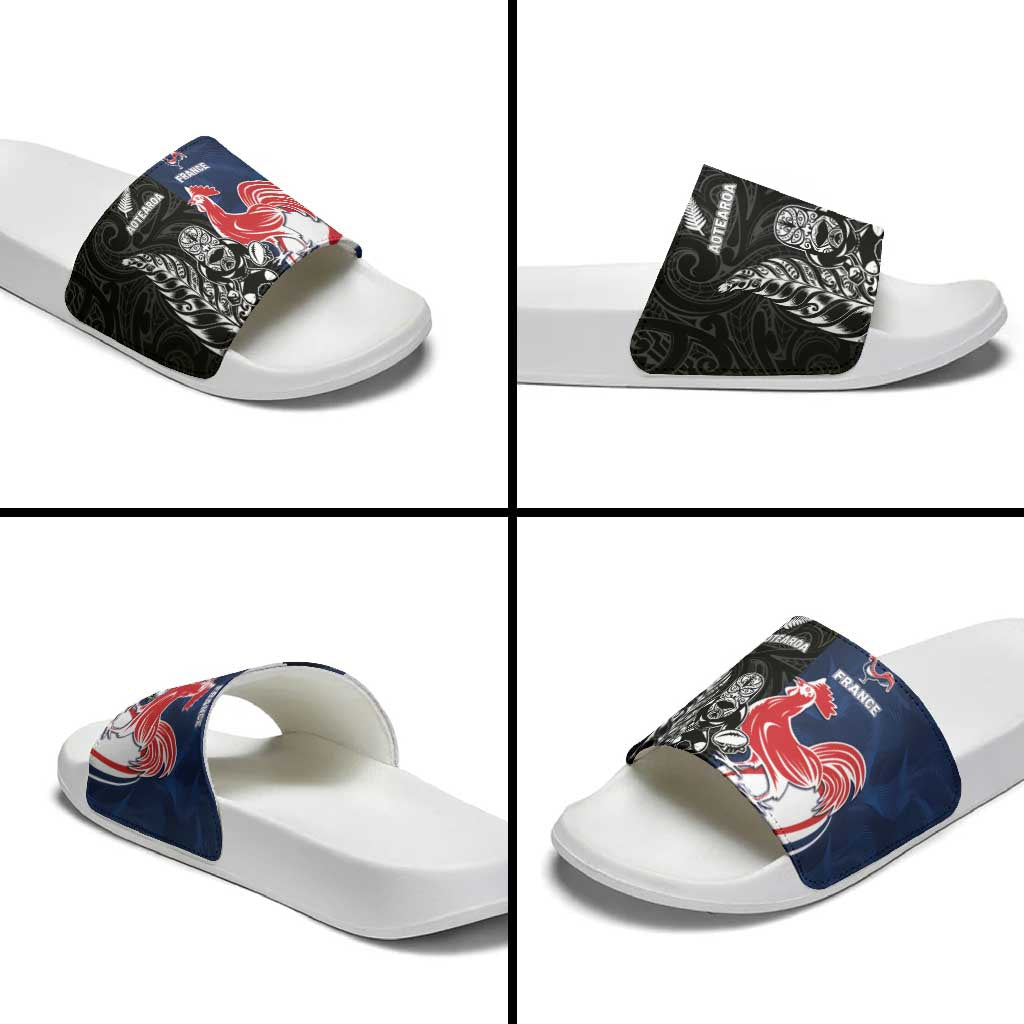 France And New Zealand Rugby Slide Sandals Les Bleus Rooster With Maori Tiki - Wonder Print Shop