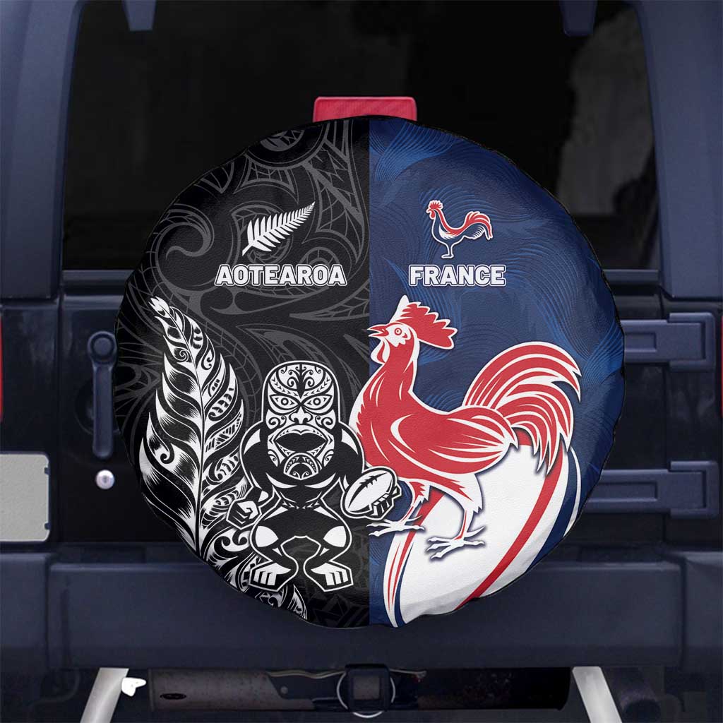 France And New Zealand Rugby Spare Tire Cover Les Bleus Rooster With Maori Tiki - Wonder Print Shop