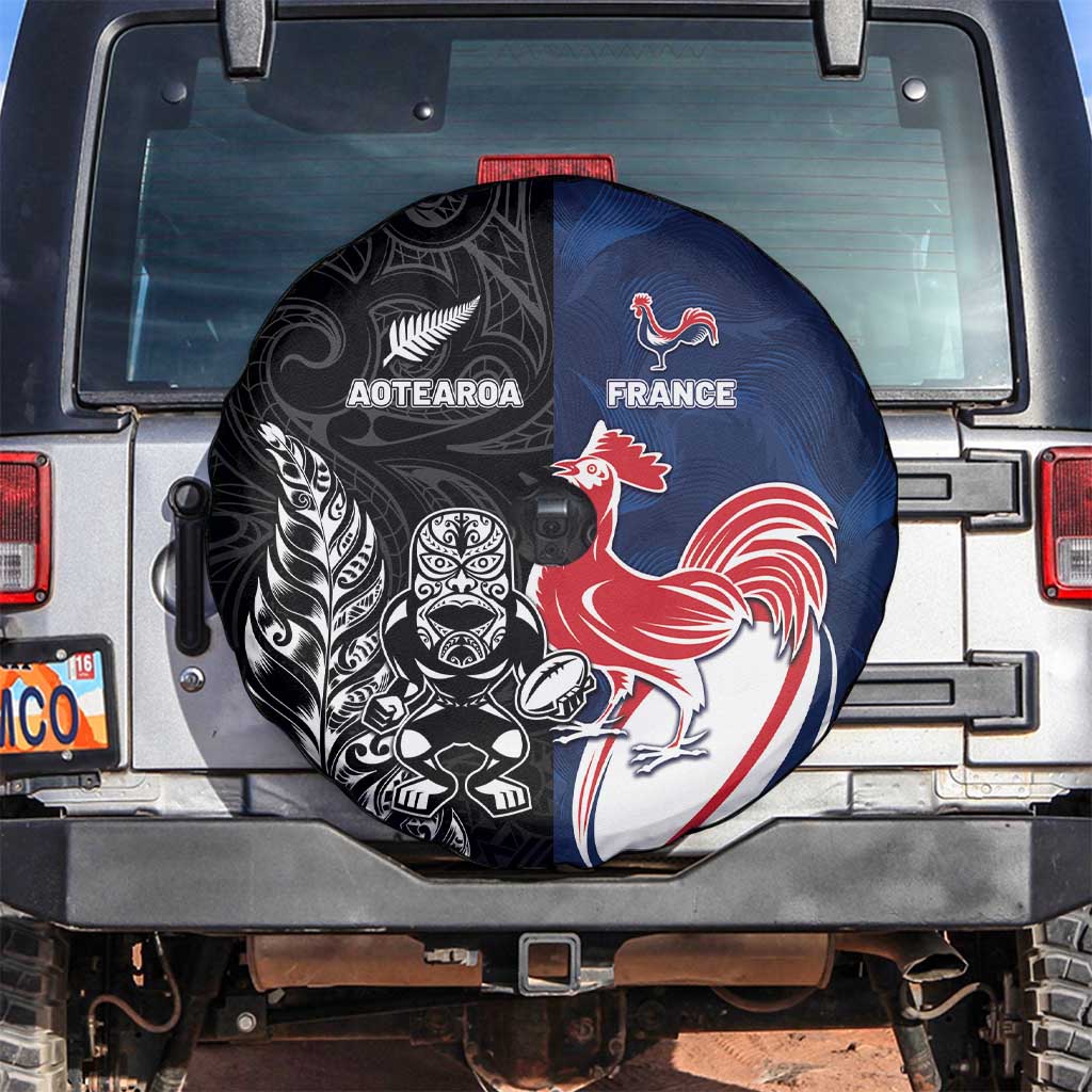France And New Zealand Rugby Spare Tire Cover Les Bleus Rooster With Maori Tiki - Wonder Print Shop