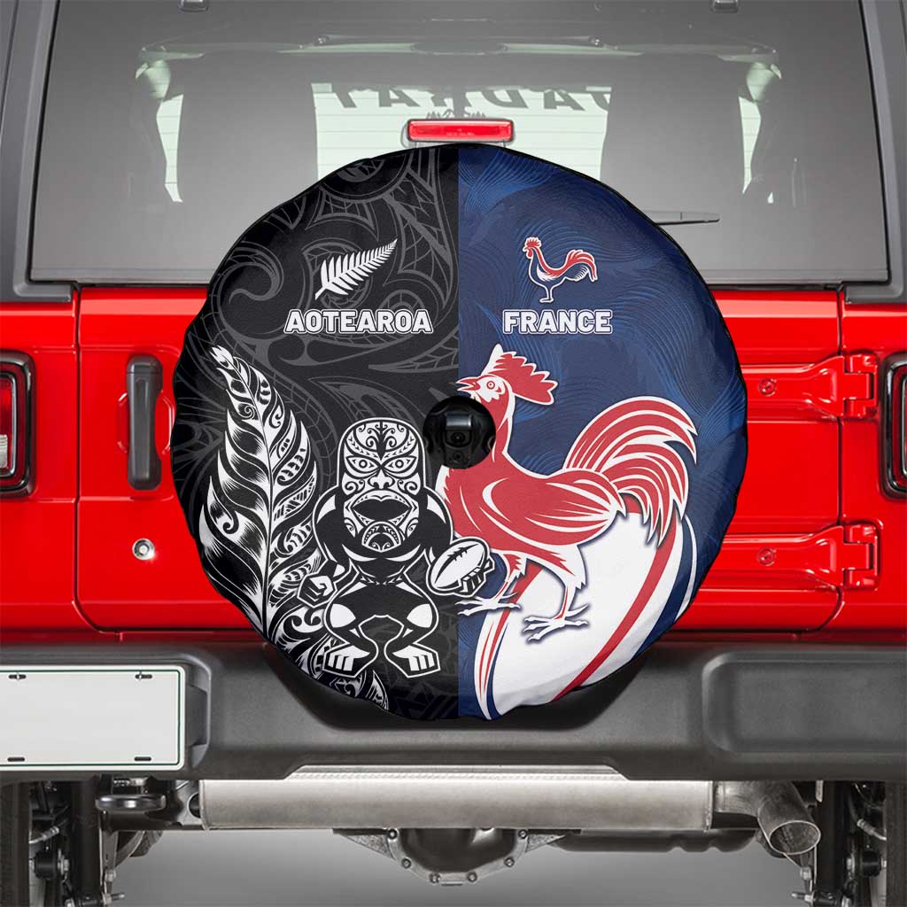 France And New Zealand Rugby Spare Tire Cover Les Bleus Rooster With Maori Tiki - Wonder Print Shop