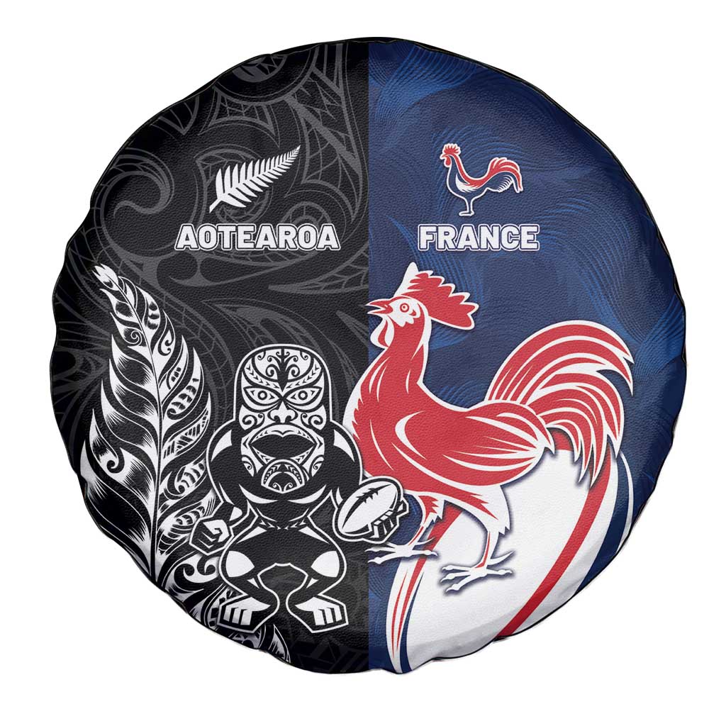 France And New Zealand Rugby Spare Tire Cover Les Bleus Rooster With Maori Tiki - Wonder Print Shop