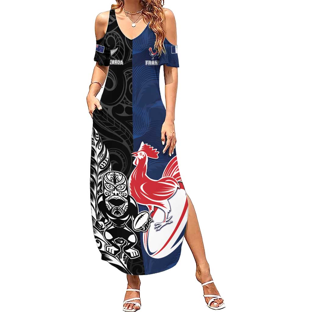 France And New Zealand Rugby Custom Summer Maxi Dress Les Bleus Rooster With Maori Tiki - Wonder Print Shop