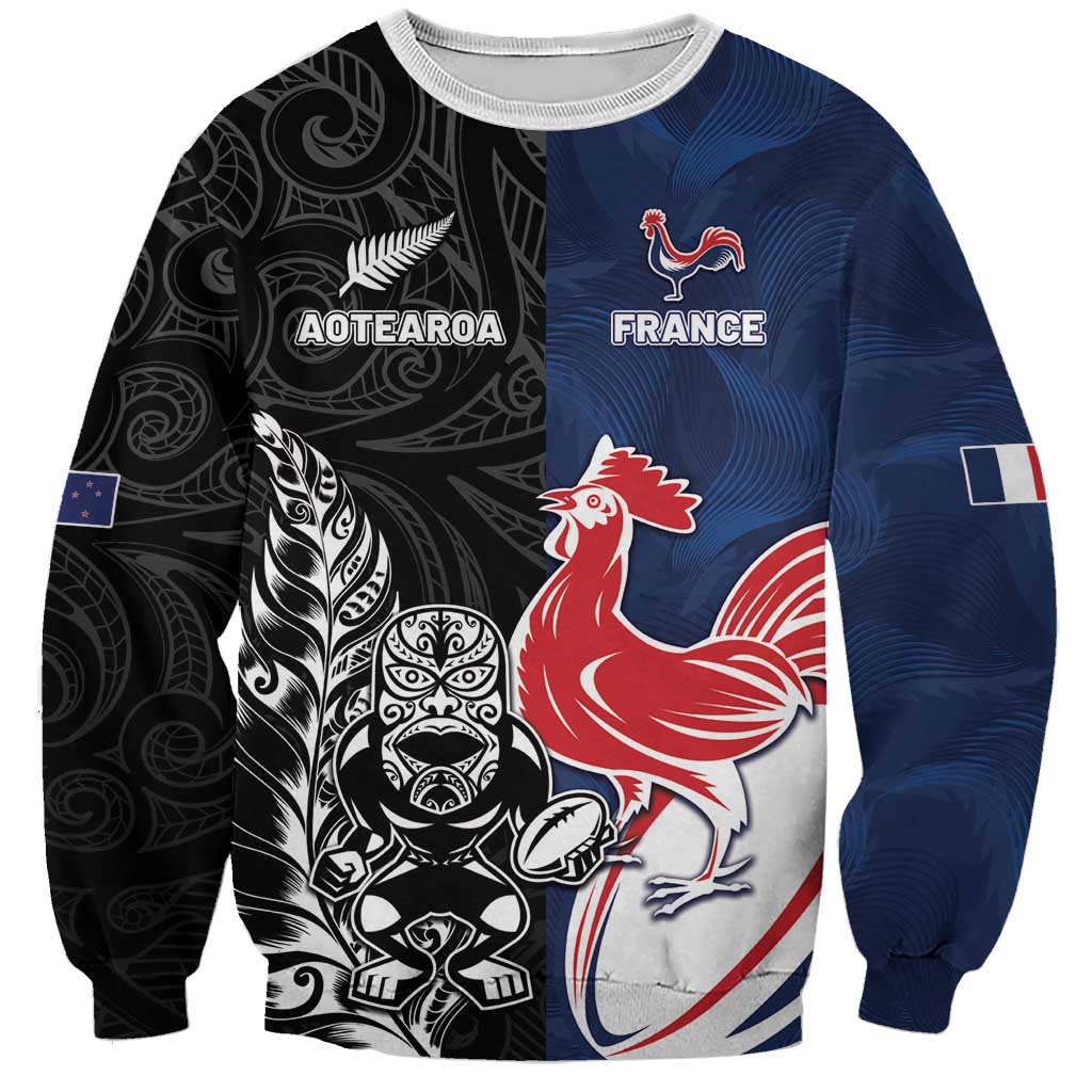 France And New Zealand Rugby Custom Sweatshirt Les Bleus Rooster With Maori Tiki - Wonder Print Shop