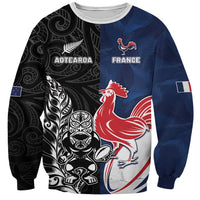 France And New Zealand Rugby Custom Sweatshirt Les Bleus Rooster With Maori Tiki - Wonder Print Shop