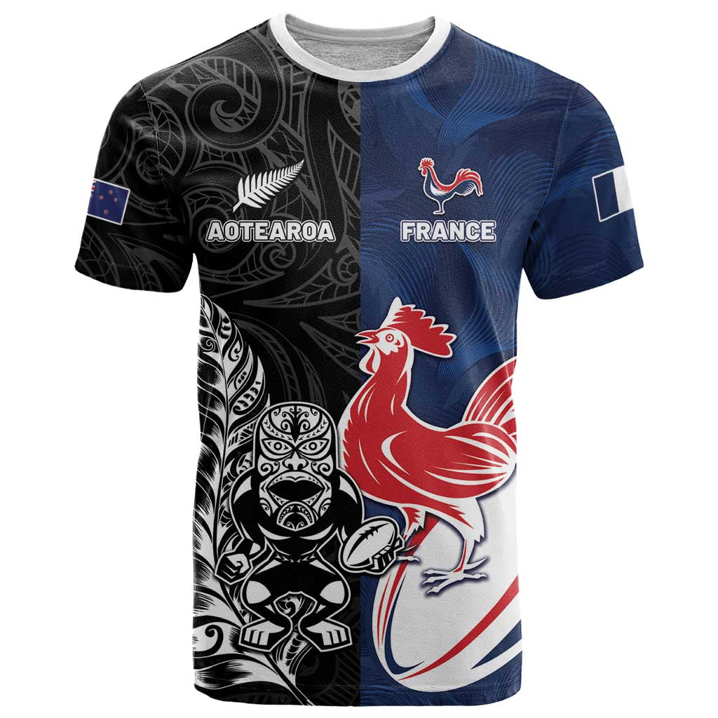 France And New Zealand Rugby Custom T Shirt Les Bleus Rooster With Maori Tiki - Wonder Print Shop