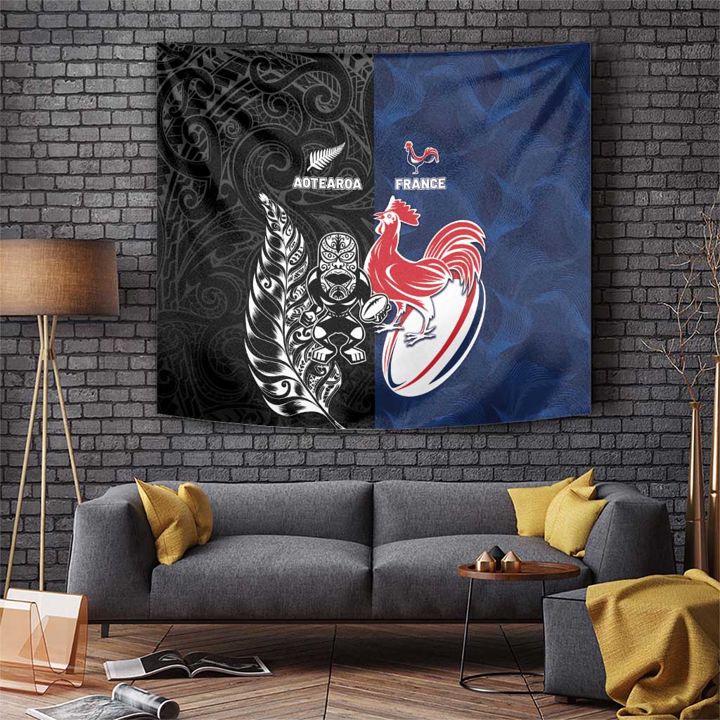 France And New Zealand Rugby Tapestry Les Bleus Rooster With Maori Tiki - Wonder Print Shop