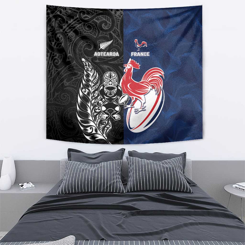 France And New Zealand Rugby Tapestry Les Bleus Rooster With Maori Tiki - Wonder Print Shop