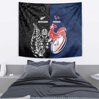 France And New Zealand Rugby Tapestry Les Bleus Rooster With Maori Tiki - Wonder Print Shop
