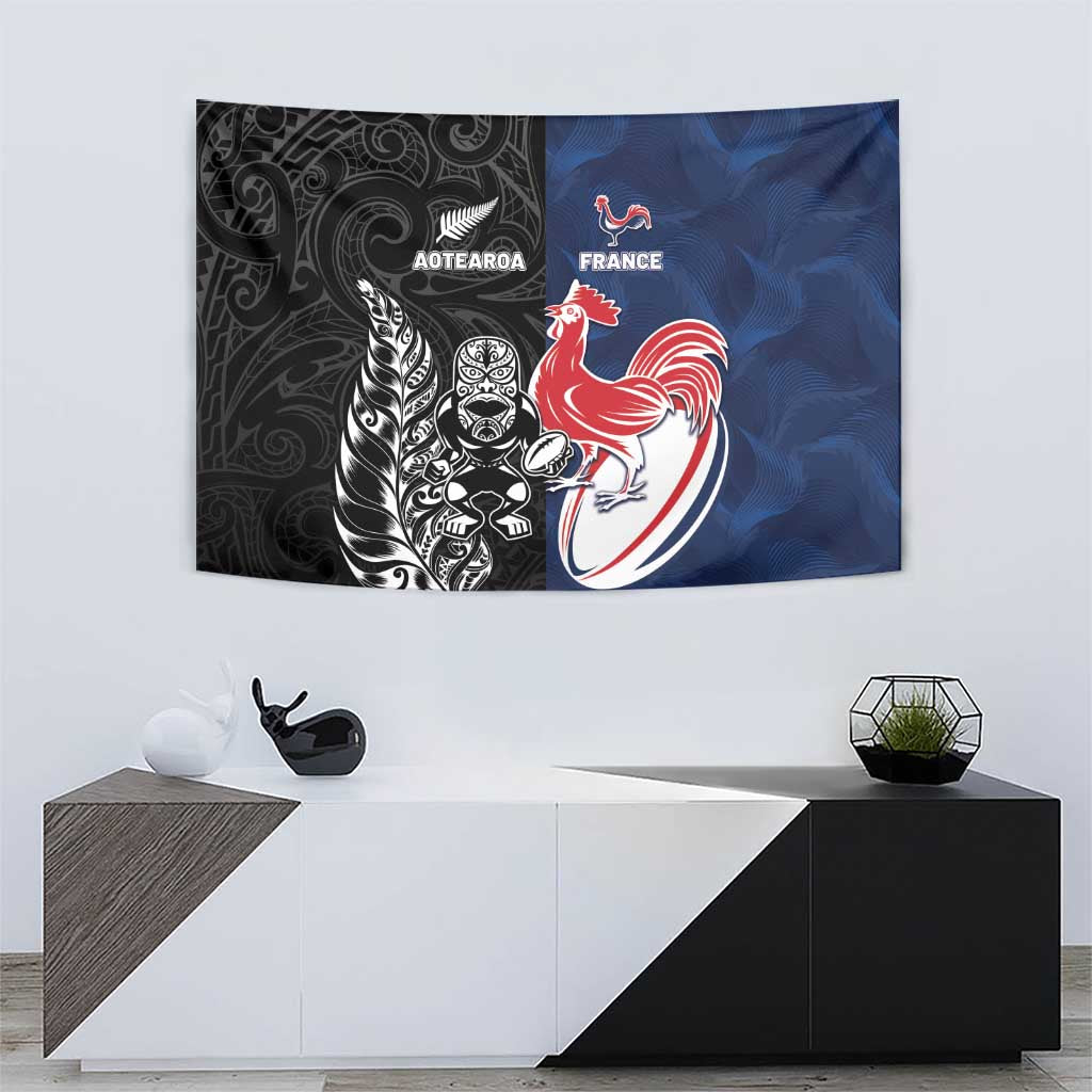 France And New Zealand Rugby Tapestry Les Bleus Rooster With Maori Tiki - Wonder Print Shop
