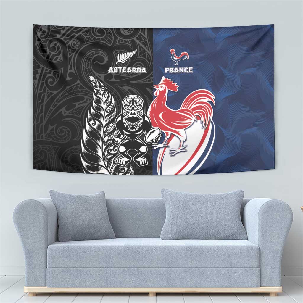 France And New Zealand Rugby Tapestry Les Bleus Rooster With Maori Tiki - Wonder Print Shop