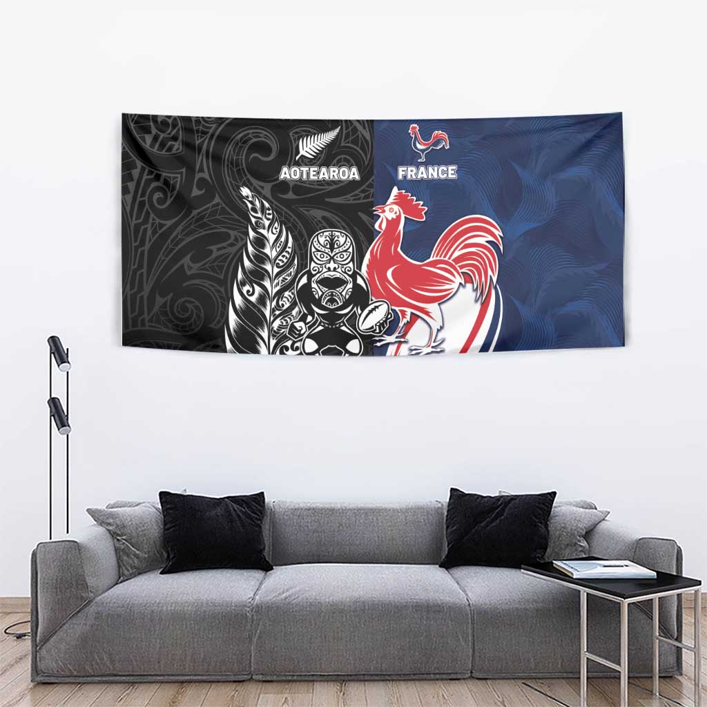 France And New Zealand Rugby Tapestry Les Bleus Rooster With Maori Tiki - Wonder Print Shop