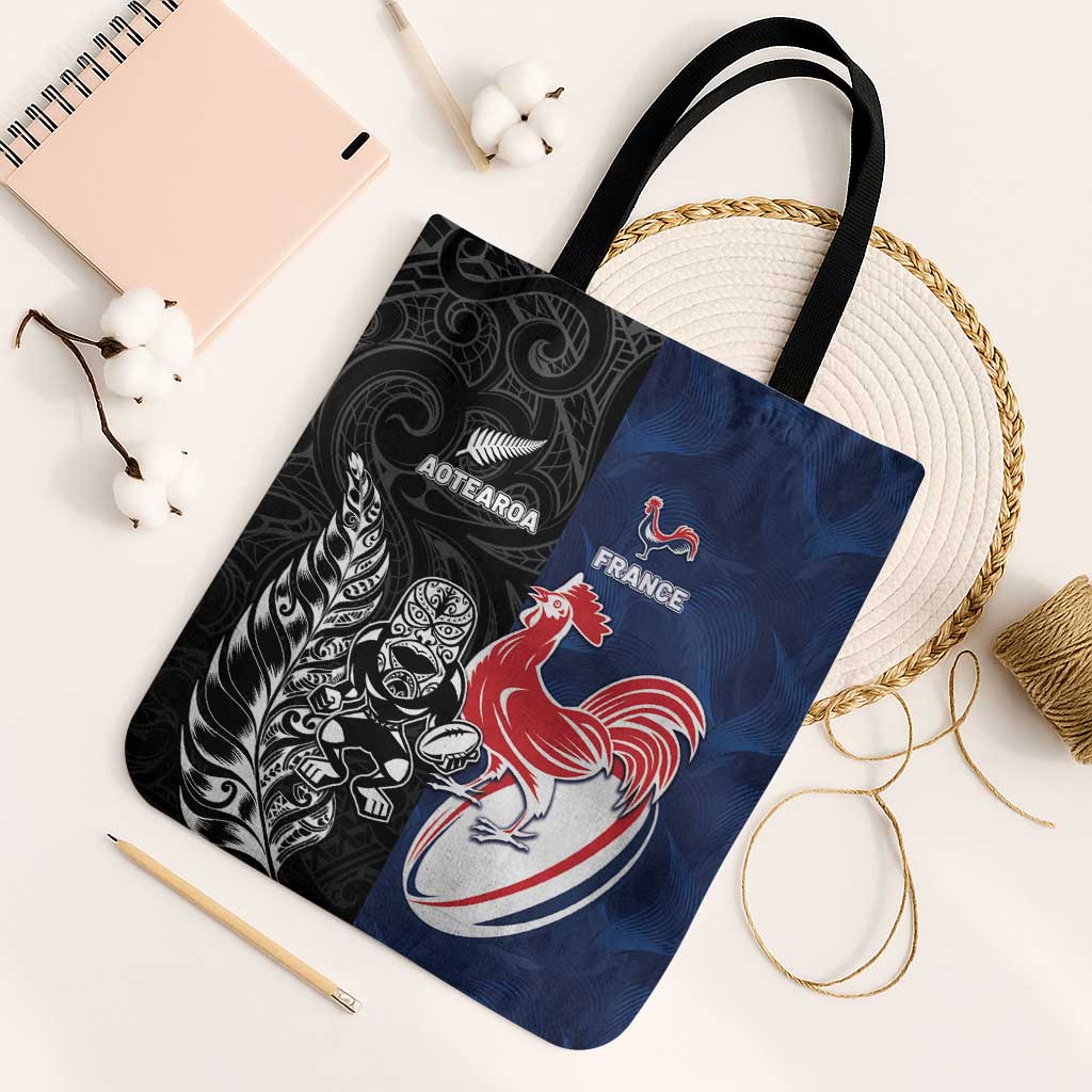 France And New Zealand Rugby Tote Bag Les Bleus Rooster With Maori Tiki - Wonder Print Shop
