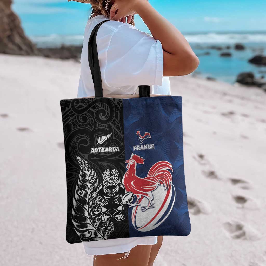 France And New Zealand Rugby Tote Bag Les Bleus Rooster With Maori Tiki - Wonder Print Shop